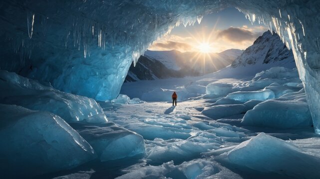 Adventurer standing in a glacial cave at sunrise, surrounded by ice formations and mountains