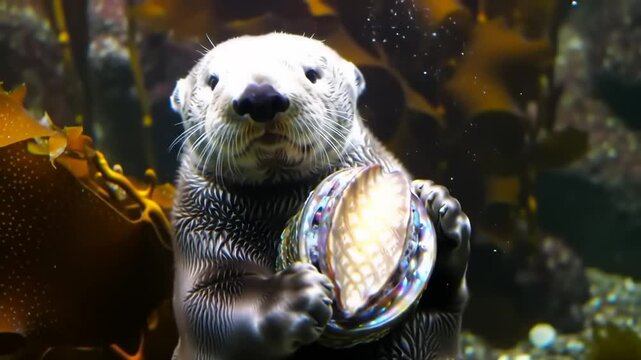 Sea otter holding abalone underwater
