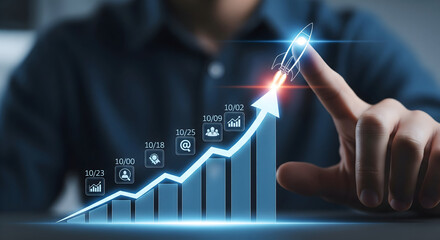 Business growth accelerating upwards with rocket launch symbolizing success and innovation