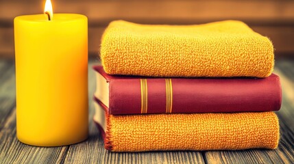 Warm ambiance with a lit candle books and cozy towels creating a relaxing atmosphere