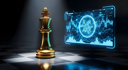 Strategic golden chess king symbolizes leadership and success next to futuristic digital data analytics screen