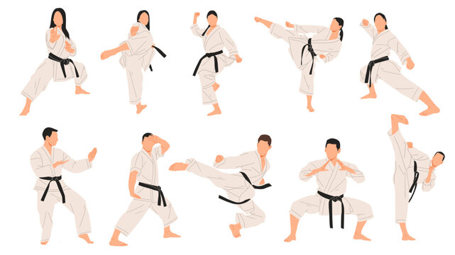 Vector set of ten karate athletes, men and women with black belts, showing martial arts stances and kicks. Perfect for combat sports, self-defense, training, and martial arts design projects.