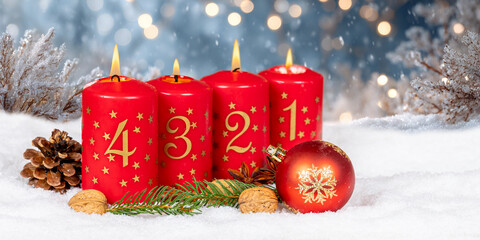 Fourth 4th Sunday in advent with burning candle Christmas time winter with copyspace copy space panorama