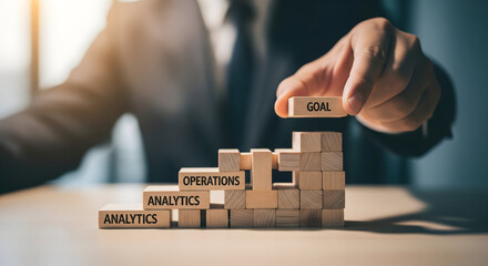 Strategist builds business success step-by-step with analytics and operations reaching the ultimate goal