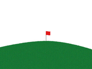 Red golf flag on green field. PNG.