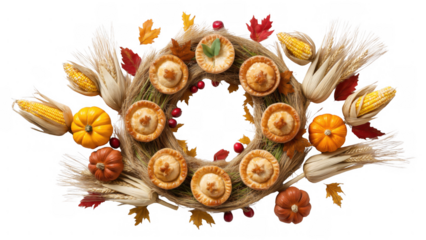 Colorful autumn wreath with pumpkins and pies, created AI, PNG