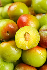 Fresh Ripe Plums with Water Droplets - Half Cut Fruit Showing Juicy Flesh and Pit