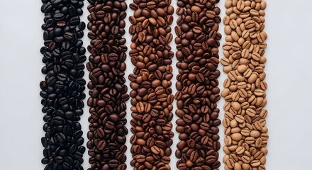 Five distinct vertical rows of roasted coffee beans showcasing a beautiful gradient of roast levels from light to dark.