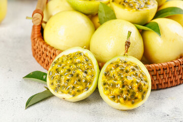 Golden Passion Fruit from Hainan Fujian China in Wicker Basket Fresh Tropical Exotic Fruit
