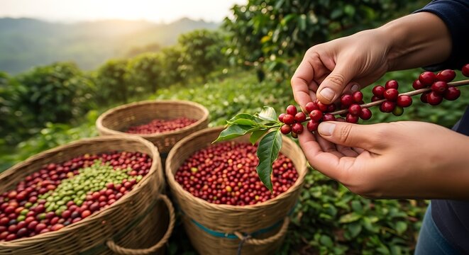 Farmer harvesting ripe red coffee cherries from branches on a plantation, close-up on hands and basket