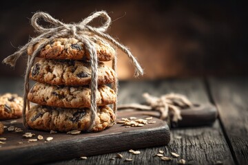 Stack of oatmeal cookies tied with twine on wood