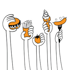 Unhealthy Diet Choices: Hands Holding Various Junk Food Items