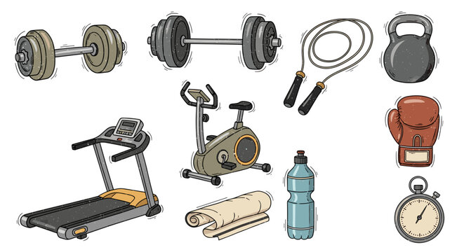 Illustration of various fitness equipment including weights and machines