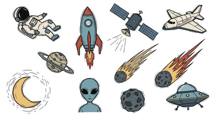 Illustration of space themed objects including astronaut and rocket ship