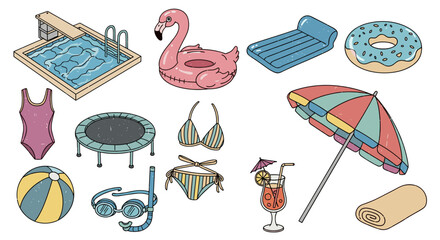 Illustration of summer vacation items including pool and floatation devices