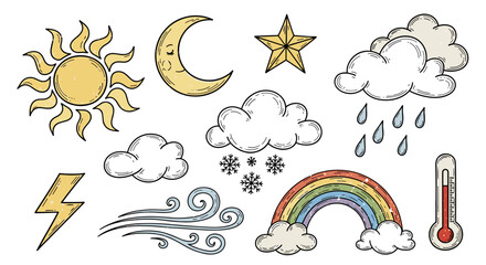Obraz premium Illustration of various weather elements including sun moon and rainbow