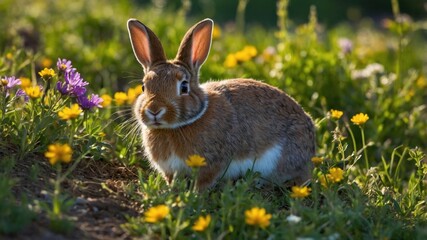 Fototapeta premium A brown rabbit sitting amidst vibrant wildflowers in a sunny meadow, showcasing nature's beauty