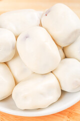 Fresh White Cheese Balls Mozzarella Dairy Product on Wood Background Food Photography