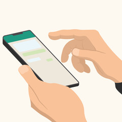 Flat cartoon illustration of holding smartphone with finger pointing at screen