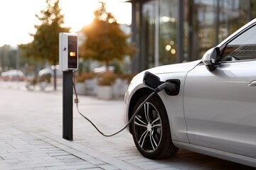 Electric vehicle charging station with a parked car Generative AI