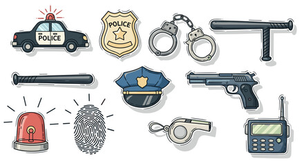 Illustration featuring various police related objects and equipment items