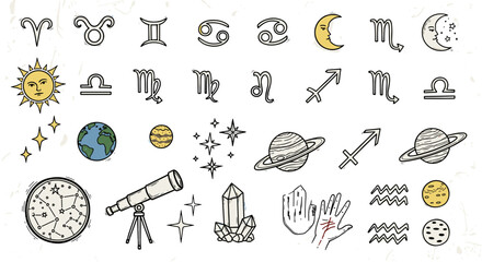 Illustration of zodiac signs planets and celestial themed illustrations
