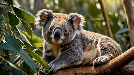 Fototapeta premium A serene koala resting on a tree branch amidst lush eucalyptus leaves in a vibrant forest setting