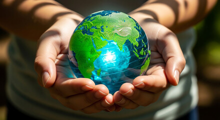Gentle hands holding a vibrant glass globe representing Earth's beauty and preservation concept