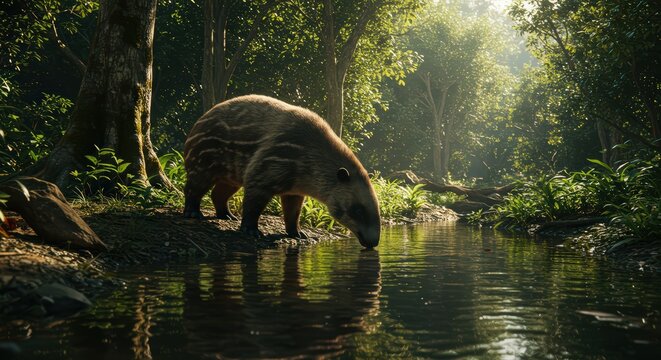 Anteater drinking at forest stream