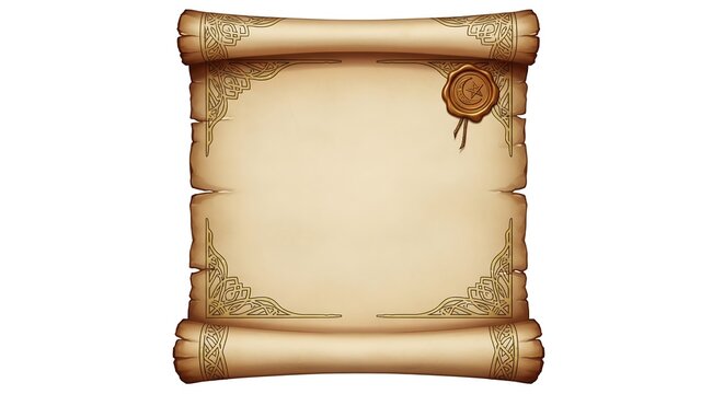 Old rolled parchment scroll with an ornate decorative border and wax seal. A blank vintage paper template for a message, letter, or map, isolated on a white background