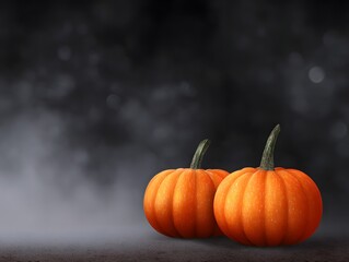 Two pumpkins on a dark background with mist Generative AI