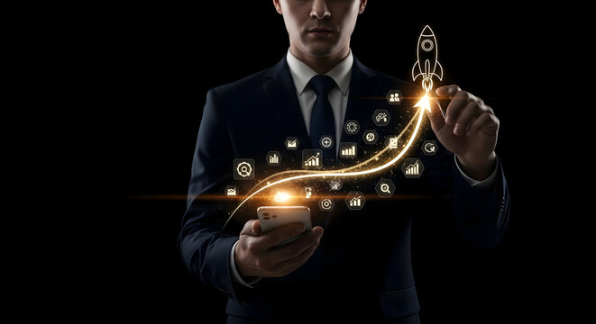 Professional businessman launches digital growth with glowing rocket and data icons on smartphone