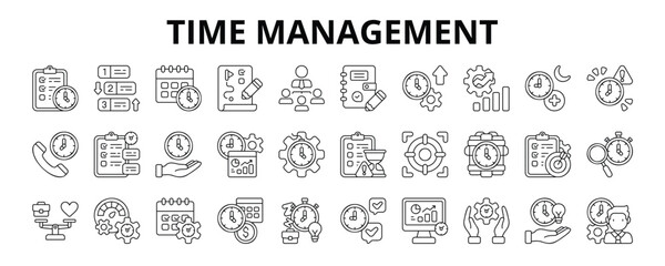 30 Time Management Line Icons Vector - Organization, Agenda, Efficiency, Deadline Management, Time Tracking, Time Discipline 