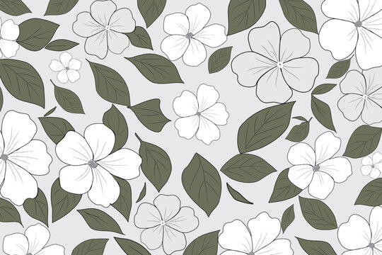 Seamless floral pattern with white flowers and green leaves on grey background, ideal for fabric, wallpaper, wrapping paper, and modern design projects.