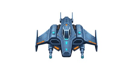 Futuristic blue science fiction fighter spaceship illustration isolated on a clean white background, concept art for a video game asset