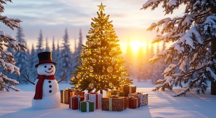 Fototapeta premium Festive Christmas tree with gifts in snowy winter landscape at sunset
