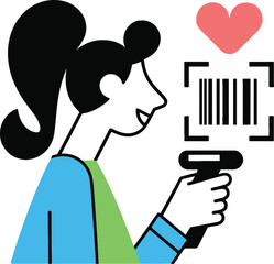 Woman scanning barcode with he symbol, modern retail concept for online shopping