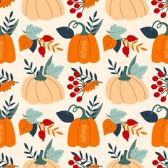 Seamless autumn pattern with leaves, acorns, berries