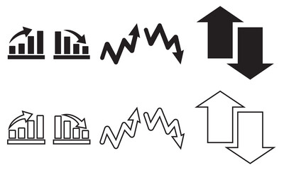 Low and high interest rate icon. Finance icons showing profit and loss trends. Finance icons with money bags, percentage arrows, and charts representing economic growth, decline. vector illustration. 