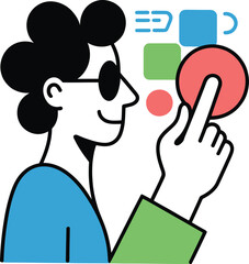 Person interacting with digital interface, tapping a button with modern design aesthetic