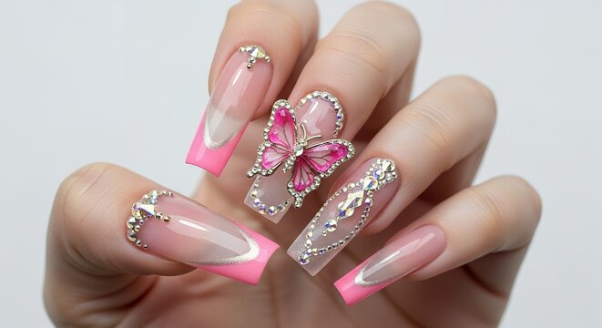 Close up of a woman's hand displaying long elaborate acrylic nails adorned with pink French tips sparkling rhinestones and a detailed pink butterfly embellishment manicure beauty fashion