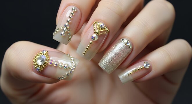Close up of elegant fingernails adorned with sparkling rhinestones gold accents and glitter polish showcasing intricate nail art on a dark background manicure beauty glamour sparkle