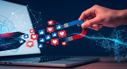 Attract customers online using a magnet and social media icons, showcasing digital marketing success