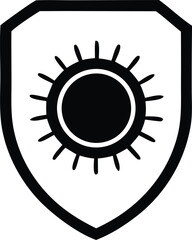 Shield icon featuring a stylized sun symbol prominently displayed centered within for protection and energy