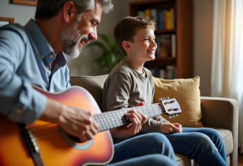 Man playing guitar. Father playing guitar for his son