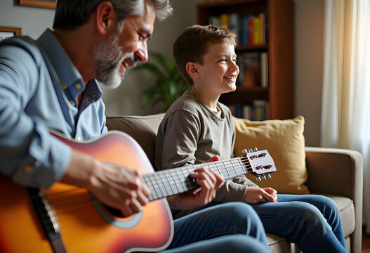 Man playing guitar. Father playing guitar for his son