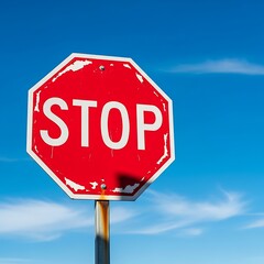 Obraz premium A weathered octagonal stop sign, vibrant red with faded, white lettering, stands against a brilliant blue sky scattered with fluffy clouds.