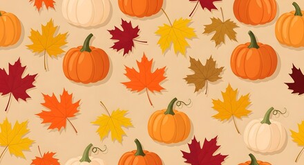 Naklejka premium Vibrant autumn harvest pattern featuring colorful pumpkins and festive fall leaves creating a cozy seasonal backdrop perfect for celebrations and graphic design