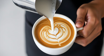 Barista Creating Beautiful Heart Latte Art in White Coffee Cup, Professional Brewing Skill