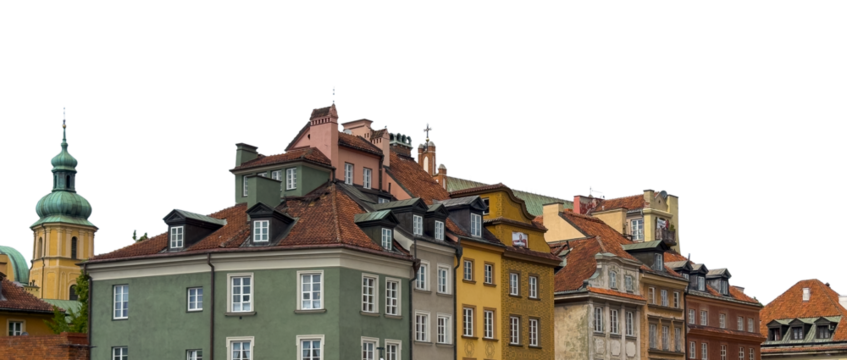 Colorful houses on the Market Square in the Old Town of Warsaw, Poland, with tiled roofs and